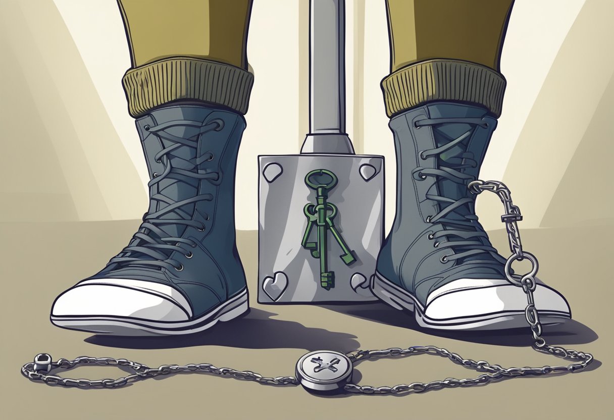 A shadow looms over a pair of crossed socks, one with a lock and key, the other with a shield emblem